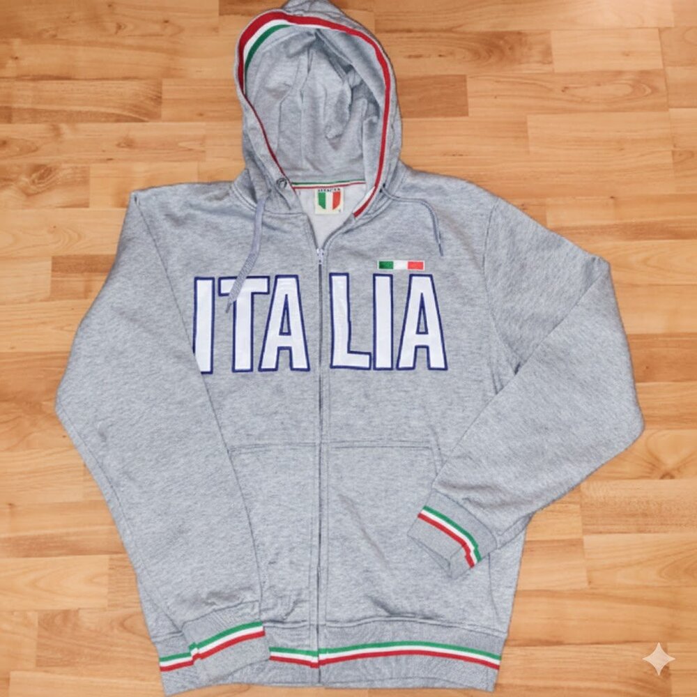 Italia Large Gray Hoodie with Tricolor Accents, Italian pride sweatshirt